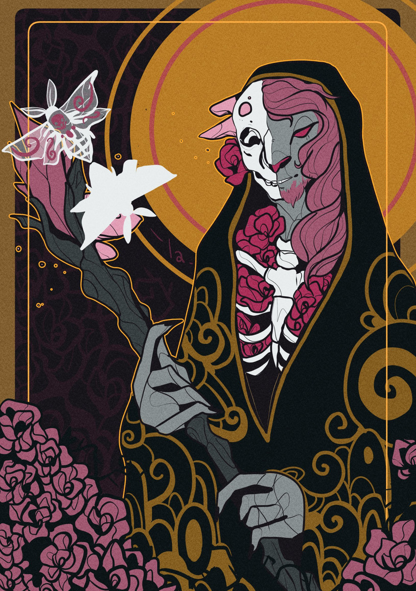 abstract_art ambiguous_gender art_nouveau card card_template cloak clothing flower fortune_telling hair halo long_hair plant red_hair rose_(flower) solo staff tarot tarot_card cmyklala critical_role caduceus_clay death_(personification) arthropod faun firbolg insect lepidopteran moth hi_res restricted_palette