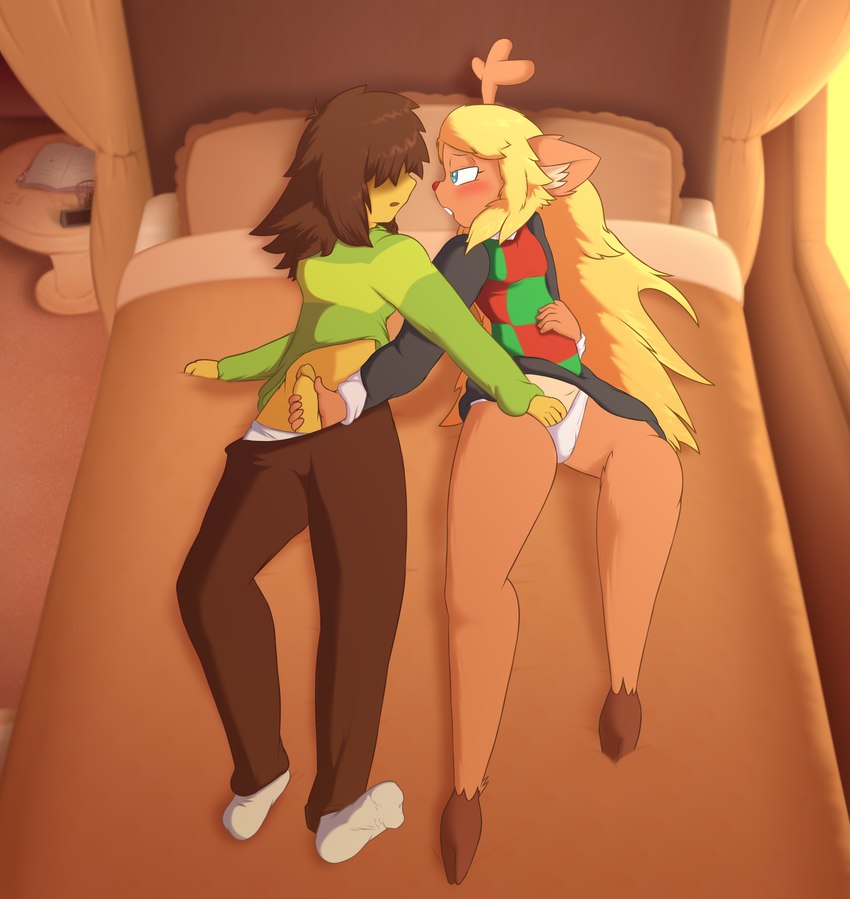 anthro antlers bed bedding bedroom blanket blonde_hair blue_eyes blush bottomwear brown_body brown_bottomwear brown_clothing brown_fur brown_hair brown_pants buckteeth checkered checkered_clothing clenching_sheets clock clothed clothing curtains duo feet female fingering footwear freckles fur furniture genitals green_clothing green_sweater green_topwear hair hair_over_eyes hand_in_panties hand_in_underwear hand_on_belly holding_penis hooves horn long_hair lying male male/female mutual_masturbation notebook on_back on_bed open_mouth panties pants pattern_clothing pencil_(object) pencil_holder penis red_nose skirt socks sweater table teeth topwear underwear white_clothing white_footwear white_socks window yellow_body bingbingo_(artist) deltarune undertale_(series) kris_(deltarune) noelle_holiday deer human mammal absurd_res hi_res signature