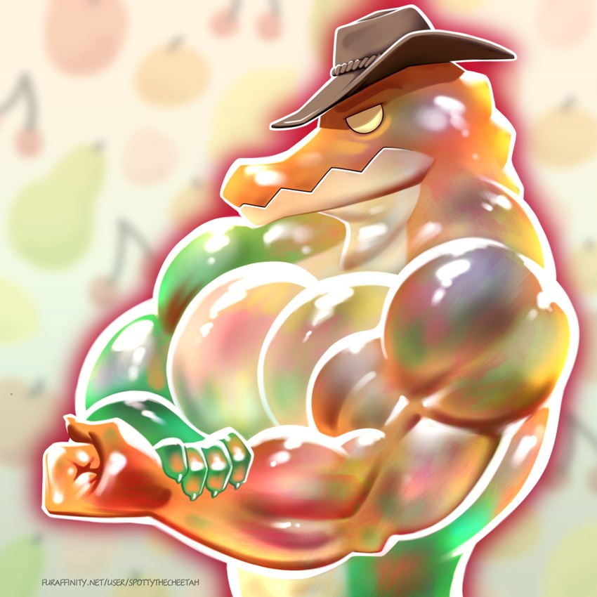 anthro butt candy clothing cowboy_hat dessert flexing flexing_bicep food gummy_(food) hat headgear headwear male solo spotty_the_cheetah glitch_productions the_amazing_digital_circus gummigoo_(tadc) alligator alligatorid crocodilian food_creature gummy_creature living_candy reptile scalie 1:1 portrait