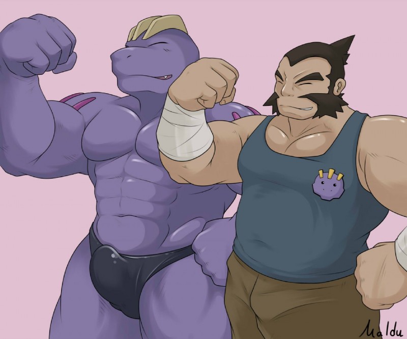 abs biceps big_muscles bulge clothed clothing duo erection erection_under_clothing eyes_closed flexing gym_leader happy huge_muscles male muscular muscular_male pecs pose speedo swimwear topless maldu nintendo pokemon chuck_(pokemon) generation_1_pokemon human humanoid machoke mammal pokemon_(species)