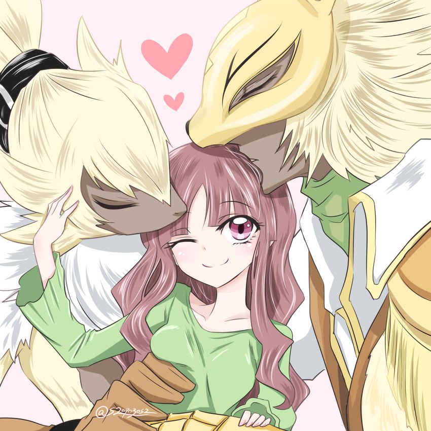 anthro belt blonde_hair brown_body brown_fur clothing evolutionary_family female fur gloves group hair handwear heart_symbol long_ears long_hair male mask one_eye_closed ponytail_ears trio wink yellow_body yellow_fur s2o9o3os2 bandai_namco digimon digimon_ghost_game ruri_tsukiyono animal_humanoid diarbbitmon digimon_(species) human humanoid lagomorph lagomorph_humanoid leporid leporid_humanoid mammal mammal_humanoid rabbit rabbit_humanoid symbareangoramon 1:1 absurd_res hi_res