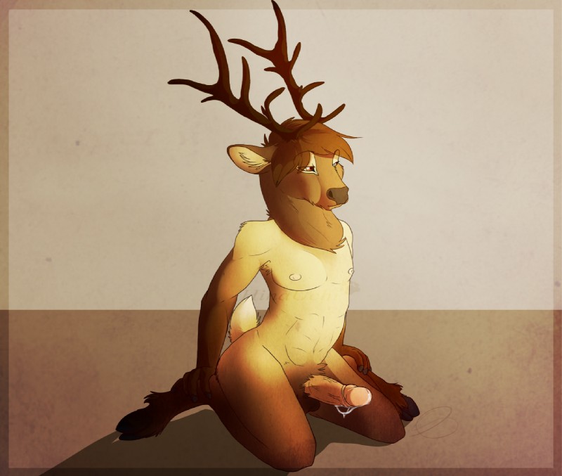 anthro antlers biped bodily_fluids brown_body brown_fur cum dripping erection fur genital_fluids genitals hooves horn humanoid_genitalia humanoid_penis kneeling male nude penis pose solo anthropornorphic cervine deer elk mammal pinup