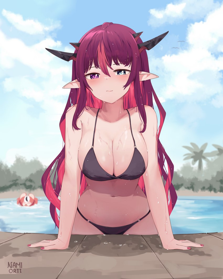 big_breasts bikini black_bikini black_clothing black_hair black_horn black_swimwear blue_eyes blush breast_focus breasts clothing cloud colored_nails detailed_background duo female hair heterochromia horn humanoid_focus humanoid_pointy_ears light_body light_skin long_hair magenta_hair multicolored_hair nails navel not_furry_focus open_mouth palm_tree pigtails plant pointy_ears pressing_breasts_together purple_eyes red_hair red_nails sky solo_focus swimming swimwear tree two-piece_swimsuit water water_drop wet white_hair wood namiorii hololive hololive_en vtuber hakos_baelz irys_(hololive) animal_humanoid humanoid mammal mammal_humanoid murid murid_humanoid murine murine_humanoid nephilim rat_humanoid rodent rodent_humanoid 2022 4:5 absurd_res digital_drawing_(artwork) digital_media_(artwork) hi_res watermark