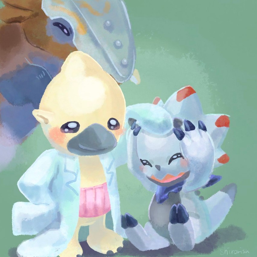 anthro armor beak blush claws clothing coat group haramaki headgear headpat helmet horn lab_coat male topwear trio white_body shirorisu_p bandai_namco digimon digimon_ghost_game bokomon ceratopsian digimon_(species) dinosaur gammamon mammal ornithischian prehistoric_species reptile scalie tapir tapirmon triceratops 1:1 hi_res