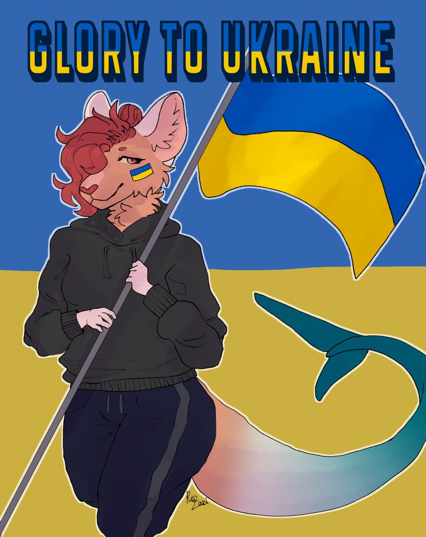 ambiguous_gender anthro clothed clothing flag fully_clothed hoodie politics solo text topwear ukraine ukrainian_flag riuzaki russo-ukrainian_war colored english_text hi_res portrait three-quarter_portrait