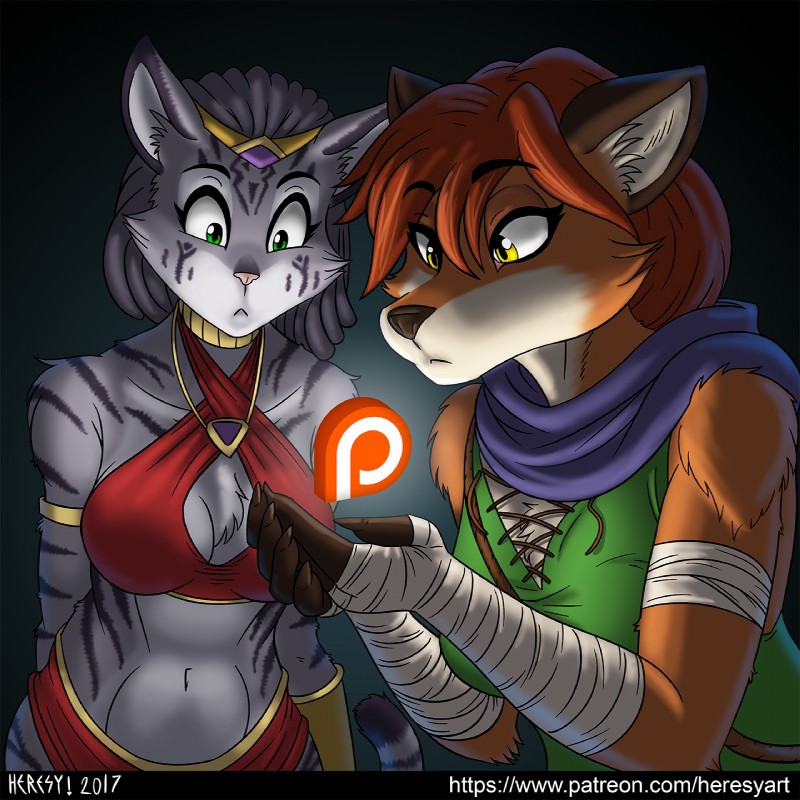 anthro arm_wraps armband breasts choker circlet cleavage cleavage_cutout clothed clothing cutout dipstick_tail duo female fur gloves_(marking) glowing green_eyes grey_body grey_fur grey_hair hair jewelry keyhole_turtleneck markings multicolored_body multicolored_fur multicolored_tail necklace orange_body orange_fur patreon_logo red_hair skimpy stripes sweater tail tail_markings text topwear turtleneck two_tone_body two_tone_fur white_body white_fur wraps yellow_eyes heresy_(artist) bethesda_game_studios microsoft patreon skyrim the_elder_scrolls amber_(heresy) samara_(heresy) canid canine domestic_cat felid feline felis fox khajiit lilmothiit mammal 1:1 2017 digital_media_(artwork) hi_res shaded url