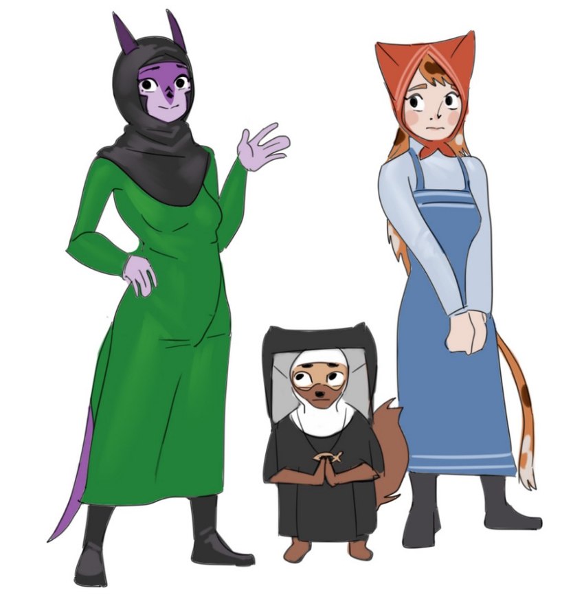 anthro clothing female group headgear headwear hijab islamic nun religion religious_clothing religious_headwear trio unknown_artist mythology prostokvashino tama-tama animal_humanoid cat_humanoid dragon eurasian_red_squirrel felid felid_humanoid feline feline_humanoid humanoid hybrid kangaroo macropod mammal mammal_humanoid marsupial mythological_creature mythological_scalie rodent scalie sciurid tree_squirrel