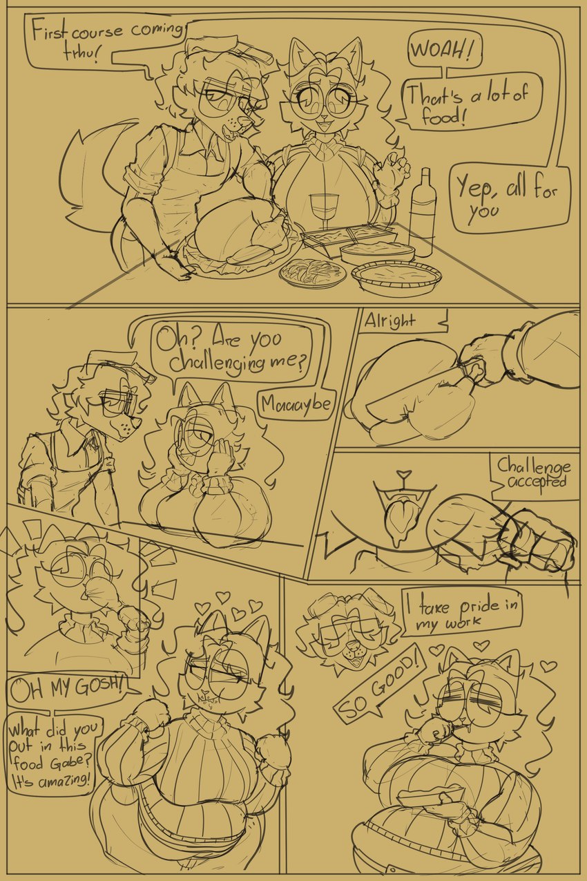 anthro apron belly bodily_fluids clothed clothing comic_panel dialogue dinner dinner_table drooling duo eating eating_food eyewear female food glasses hair holding_object holidays male meat mouth_shot open_mouth overweight overweight_anthro overweight_female romantic romantic_couple saliva speech_bubble teeth text tongue topwear turkey_meat catboyz thanksgiving gabe_(catboyz) mika_(catboyz) bird_dog canid canine canis domestic_cat domestic_dog felid feline felis golden_retriever hunting_dog mammal retriever siberian_cat absurd_res comic digital_media_(artwork) english_text hi_res sketch sketch_page