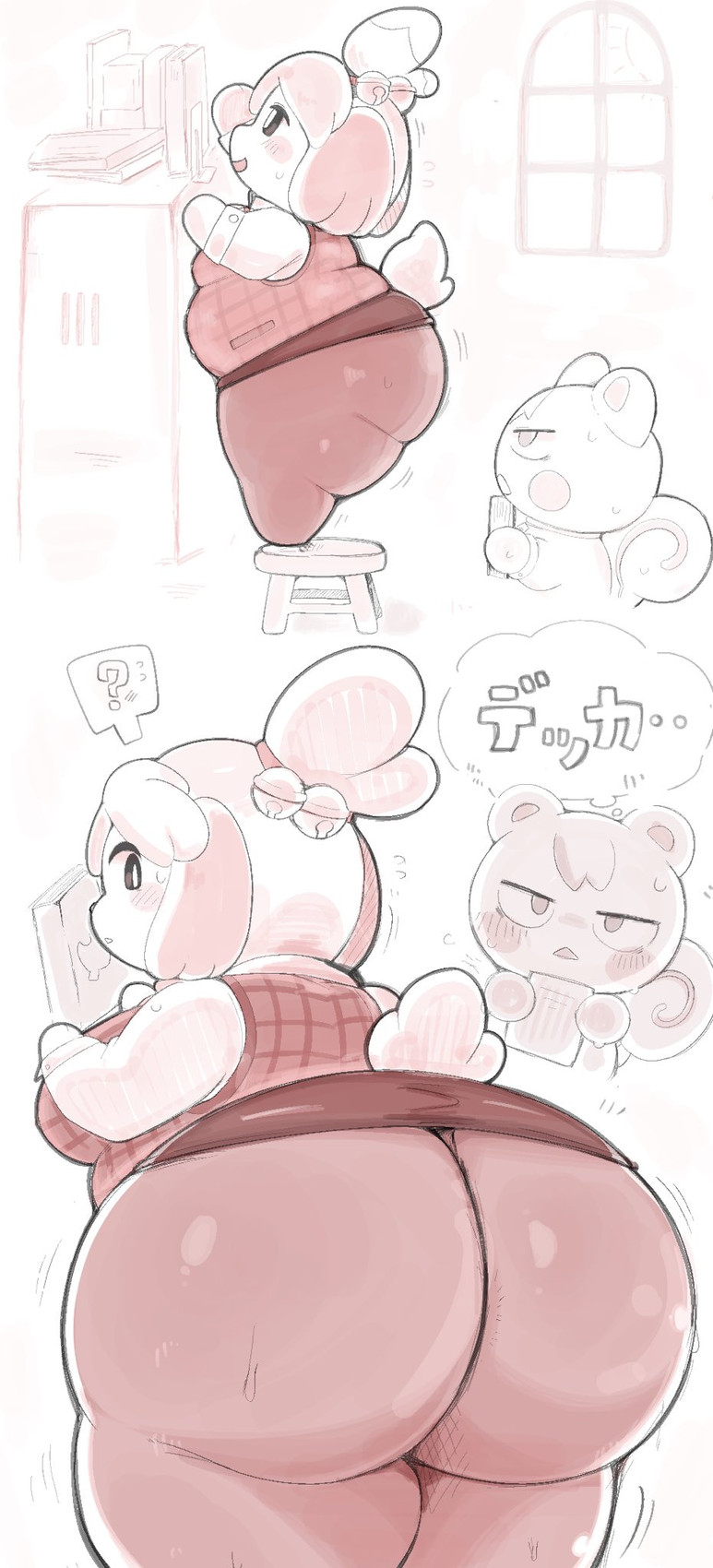 anthro big_butt bottomwear butt clothing duo female furniture hair huge_butt legwear looking_back male overweight overweight_female pantyhose ponytail shirt skirt stool tail topwear vest rokacake animal_crossing nintendo isabelle_(animal_crossing) marshal_(animal_crossing) canid canine canis domestic_dog mammal rodent sciurid tree_squirrel hi_res