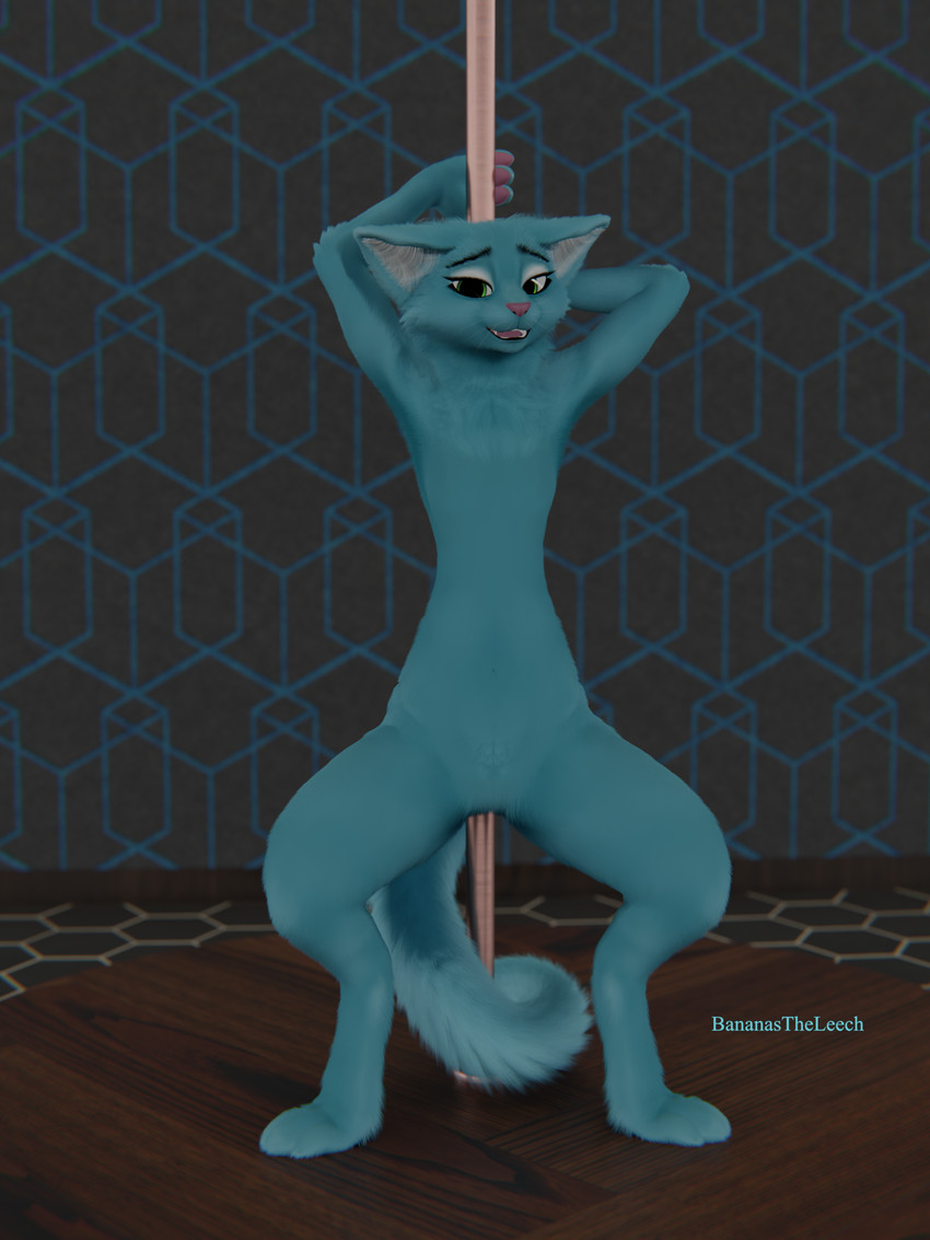 anthro blue_body blue_fur featureless_crotch female flat_chested fur green_eyes hands_behind_head inner_ear_fluff null open_mouth pawpads paws pink_pawpads pleased pleased_expression pole presenting raised_arms slim solo spread_arms spread_legs spreading stage stripper_pole tuft white_inner_ear_fluff bananastheleech ruaidri_(modeler) kraft_trio felid mammal 3:4 3d_(artwork) absurd_res digital_media_(artwork) hi_res