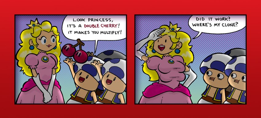 breasts cherry crown double_cherry female food fruit group headgear humor male multi_breast not_furry plant power-up royalty mr-dna mario_bros nintendo super_mario_3d_world princess_peach human humanoid mammal toad_(mario)