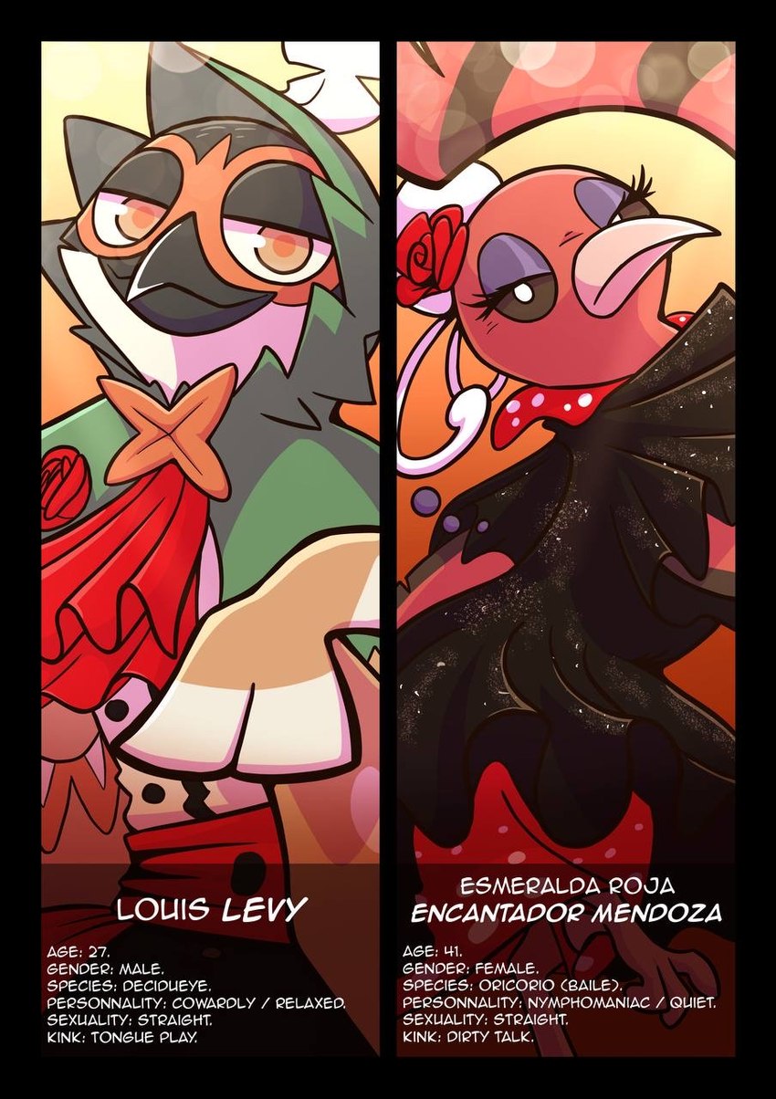 anthro beak black_border border clothed clothing dancing duo eyelashes female feral flower makeup male male/female mascara plant purple_eyelids red_body rose_(flower) sparkles sparkling_clothing text wrinkles rozalid don't_sweet_talk_me nintendo pokemon esmeralda_(oricorio) louis_(decidueye) avian baile_oricorio bird decidueye generation_7_pokemon oricorio owl pokemon_(species) character_name colored comic english_text hi_res