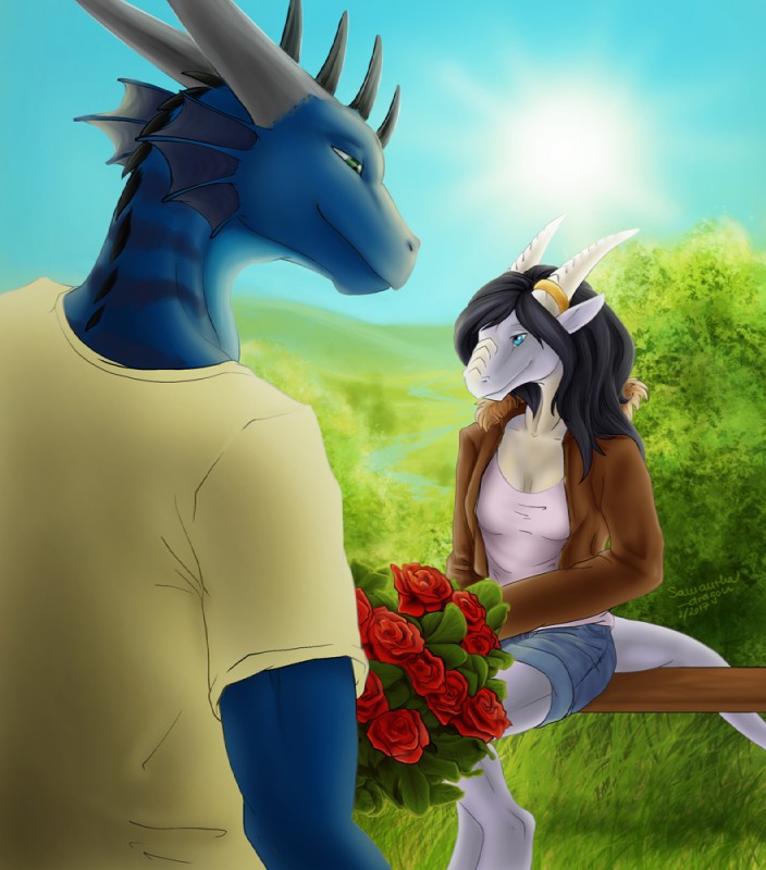 anthro bench black_hair blue_eyes bottomwear bouquet clothing detailed_background duo female flower gift grass green_eyes hair happy head_spikes holidays horn horn_jewelry horn_ring jacket jewelry male nature on_bench outside photoshop_grass_brush plant red_flower ring_(jewelry) rose_(flower) shirt shorts sitting smile spikes spikes_(anatomy) standing stripes t-shirt tail topwear samantha-dragon mythology valentine's_day eira_(thorai) maledivus_(character) dragon mythological_creature mythological_scalie scalie 2017 digital_media_(artwork)