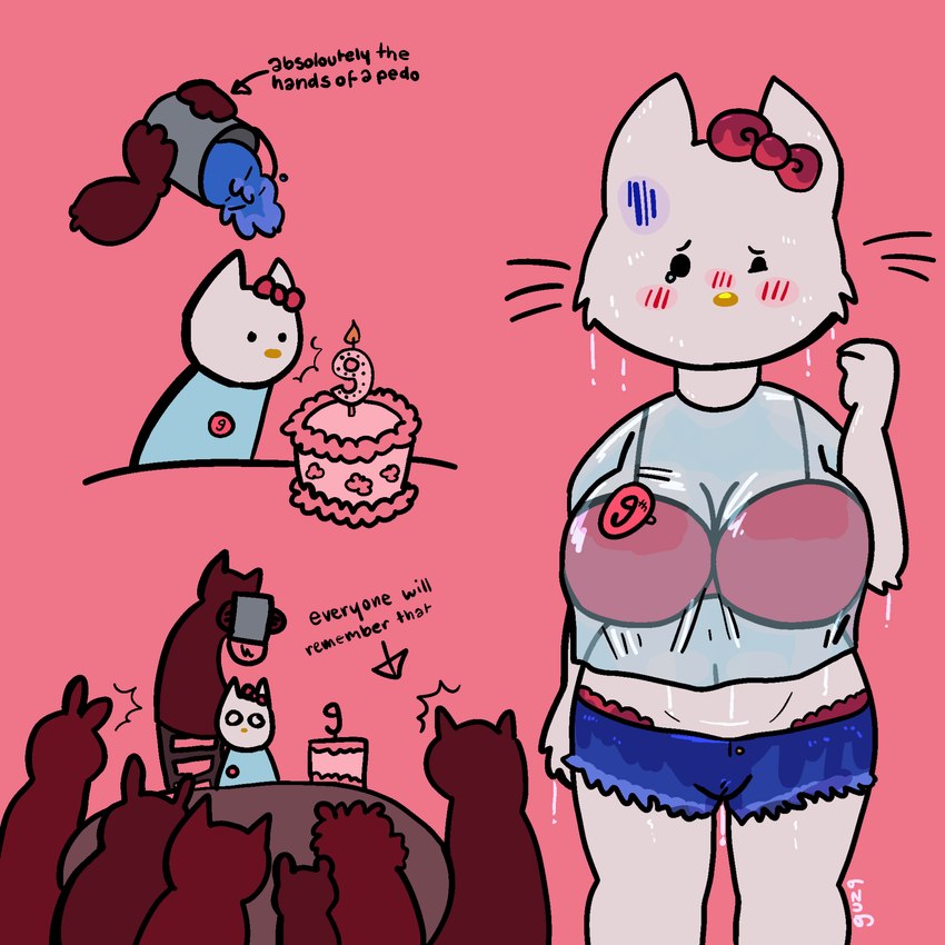 accessory anthro being_watched big_breasts birthday_cake blush blush_lines bodily_fluids bottomwear bow_ribbon bra breasts cake clothing crop_top crying denim denim_bottomwear denim_clothing denim_shorts dessert dripping_water embarrassed female food fur glistening glistening_body glistening_clothing group hair_accessory hair_bow hair_ribbon hotpants loli looking_at_another looking_at_viewer oppai_loli prank ribbons shirt shorts solo_focus stated_age stated_pedophilia stated_young surprise tears topwear underwear upset wet wet_clothing whiskers white_body white_fur young guz9 hello_kitty_(series) sanrio hello_kitty_(character) domestic_cat felid feline felis mammal 1:1 hi_res