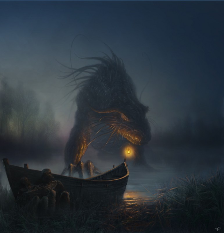 ambiguous_gender boat clothing detailed_background feral forest group hiding horror_(theme) lamp male marsh night oil_lamp outside plant scared scenery sky solo_focus tree vehicle water watercraft wood cyrilbarreaux reed human mammal monster reptile scalie digital_media_(artwork) digital_painting_(artwork) hi_res