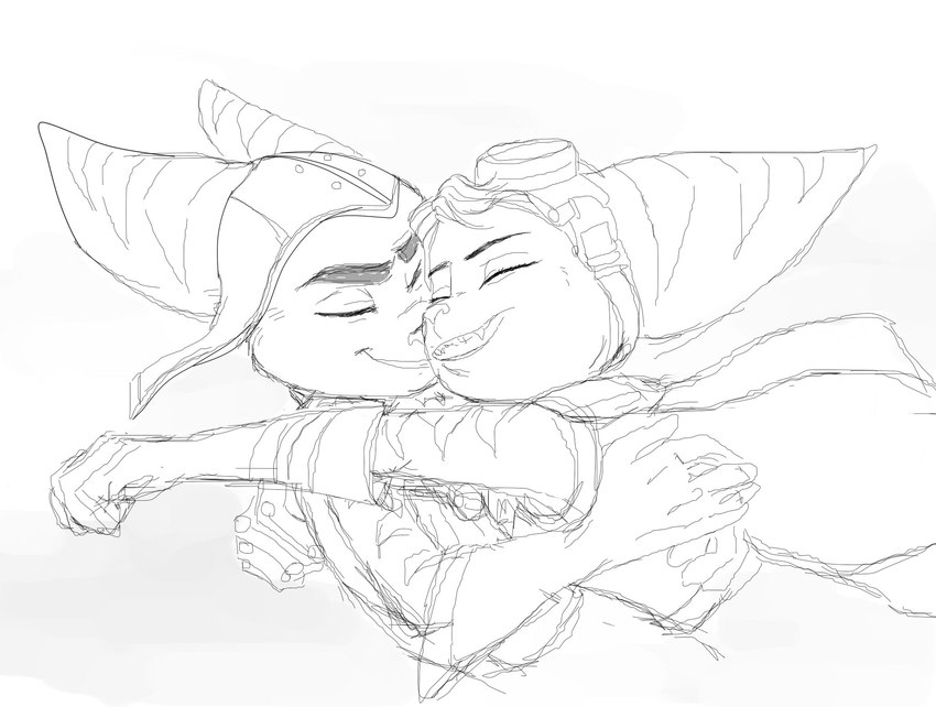 anthro cuddling duo eyewear female goggles happy hug male prosthetic prosthetic_arm prosthetic_limb romantic romantic_couple smile stripes whitestia ratchet_and_clank sony_corporation sony_interactive_entertainment ratchet_(ratchet_and_clank) rivet_(ratchet_and_clank) lombax mammal hi_res monochrome