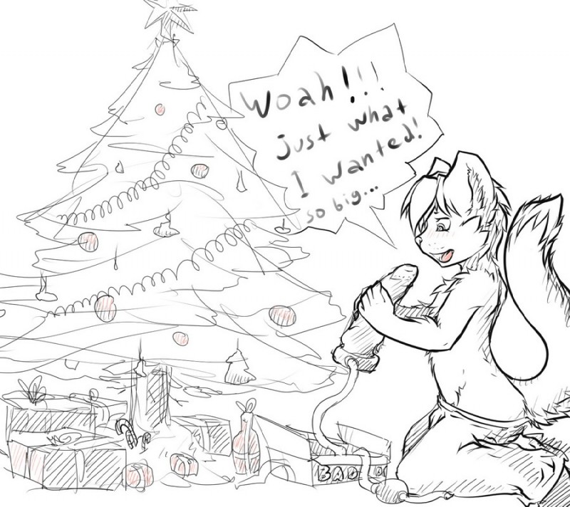 ambiguous_gender anthro bottomwear christmas_star christmas_tree christmas_tree_topper clothed clothing dialogue dildo gift holidays pants plant sex_toy solo text topless tree young young_anthro addickted christmas mio_(addickted) felid mammal comic english_text monochrome