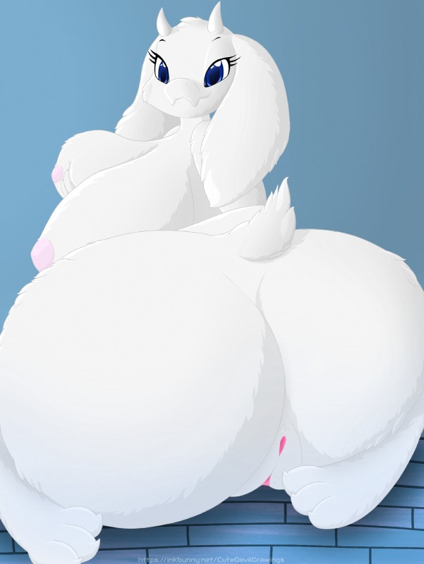 anthro big_breasts big_butt blue_eyes breasts butt claws female floppy_ears fur genitals horn huge_breasts huge_butt looking_back mature_anthro mature_female nipples nude pussy solo toe_claws white_body white_fur khanyvor undertale undertale_(series) toriel boss_monster_(undertale) bovid caprine mammal hi_res