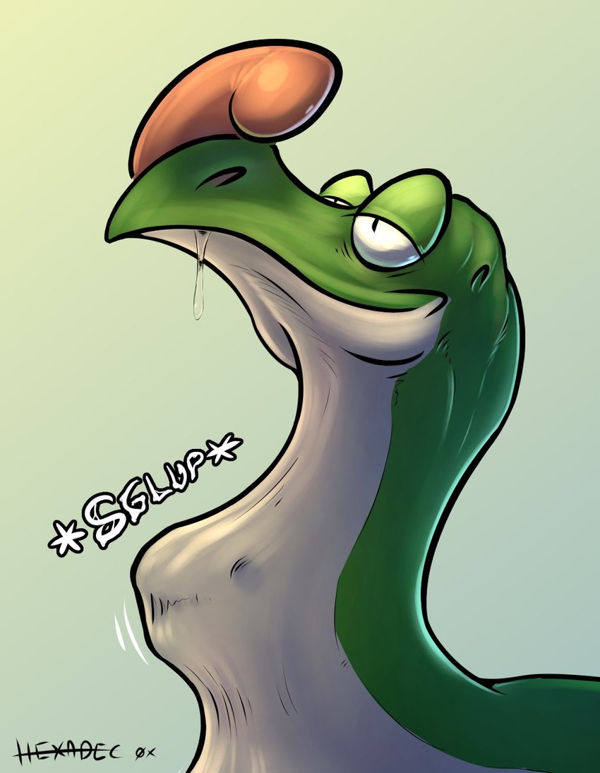 ambiguous_gender beta_design bodily_fluids countershading feral fully_inside green_body half-closed_eyes imprint narrowed_eyes neck_bulge saliva smile snout solo tongue tongue_out vore hexadec beta_yoshi dinosaur prehistoric_species reptile scalie hi_res