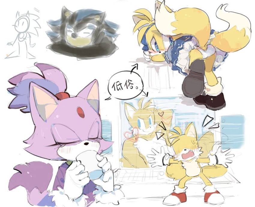 anthro butt clothed clothing crossdressing embarrassed female footwear gloves group handwear male panties text underwear upskirt c52278 sega sonic_the_hedgehog_(series) blaze_the_cat miles_prower canid canine domestic_cat felid feline felis fox mammal chinese_text translated