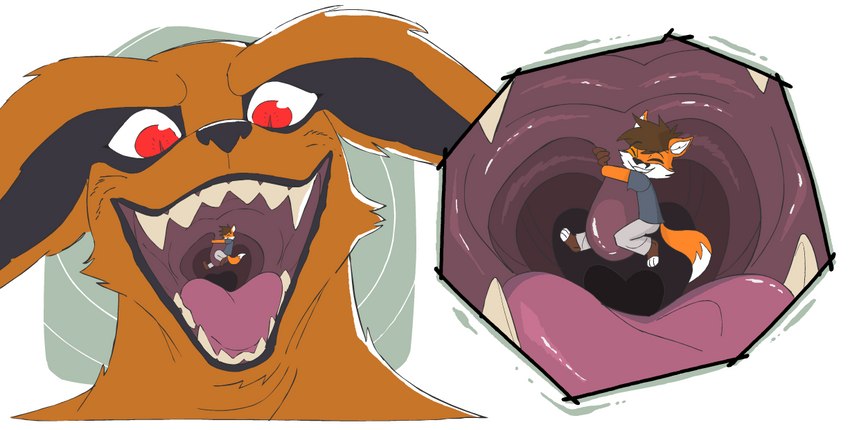 ambiguous_gender anthro bodily_fluids cardigan duo extreme_size_difference fur holding_uvula hugging_uvula imminent_vore in_mouth inside_mouth larger_male looking_down male male/ambiguous male_pred micro mouth_shot open_mouth orange_body orange_fur red_eyes saliva sharp_teeth size_difference smile teeth uvula vore willing_prey lecigzz naruto kurama canid canine fox mammal