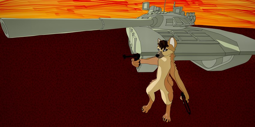 anthro gun handgun male military pistol pose ranged_weapon solo sunset t-72_(tank) tank vehicle weapon esoteric_martyr gaijin_entertainment war_thunder spookston canid canine canis domestic_dog mammal 2:1 absurd_res hi_res