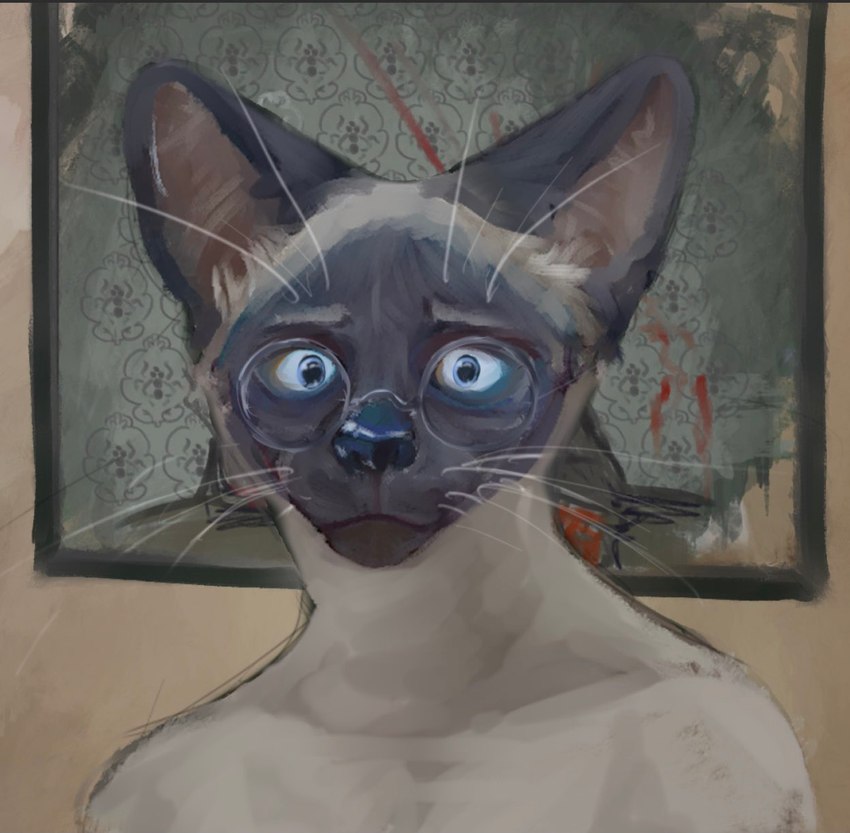 anthro blue_eyes eyewear glasses looking_at_viewer male painting_(object) shirtless solo two_tone_face whiskers banoncat banoncat_(character) domestic_cat felid feline felis mammal siamese 2022 bust_portrait hi_res portrait