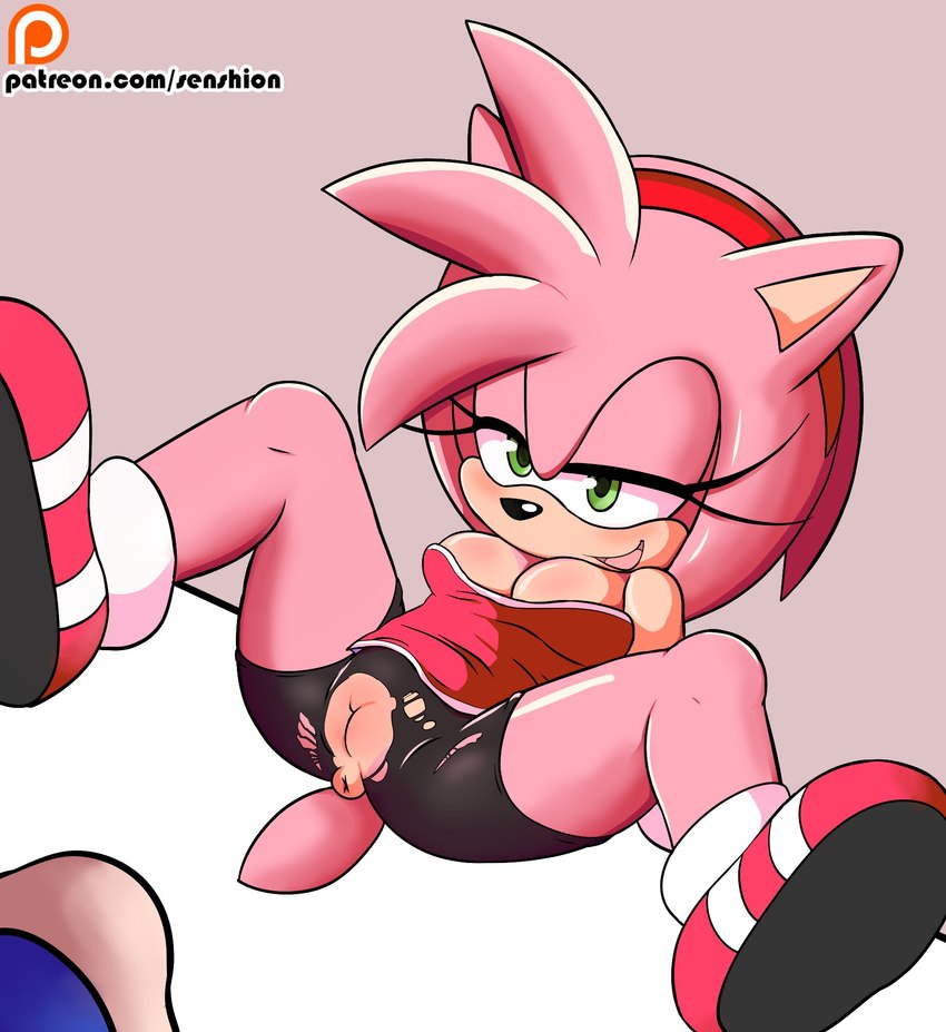 anthro anus bedroom_eyes bottomwear breasts cleavage clothed clothing female footwear genitals green_eyes narrowed_eyes pink_body presenting presenting_pussy puffy_anus pussy reclining seductive shoes shorts solo spread_legs spreading thin_calves torn_bottomwear torn_clothing torn_shorts senshion sega sonic_the_hedgehog_(series) amy_rose eulipotyphlan hedgehog mammal 2016 hi_res