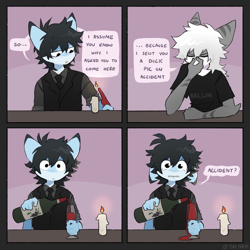 4_panel_comic ahoge alcohol anthro beverage black_clothing black_hair black_shirt black_topwear blue_body bodily_fluids candle clothing container crying cup dialogue dipstick_ear_fins drinking_glass duo ear_fins fin fluffy fluffy_hair glass glass_container glass_cup grey_body hair heartbreak humor male male/male necktie noseless shirt speech_bubble spilling_drink tears text topwear white_hair wine wine_glass sh-4rk mizu_(sh-4rk) shark_(sh-4rk) fish marine shark 1:1 artist_name comic digital_media_(artwork) english_text hi_res