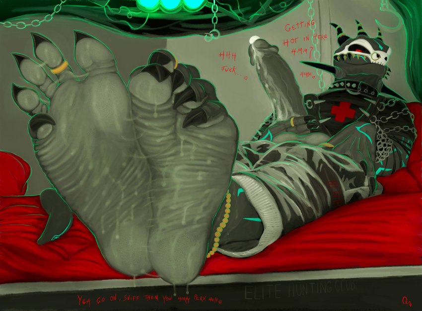 5_toes balls bed big_penis bodily_fluids bottomwear chain claws clothing collar cum cum_on_penis dialogue digit_ring erection feet finger_claws finger_ring foot_fetish foot_focus furniture genital_fluids genitals heart_symbol holding_penis humanoid_feet jewelry looking_at_viewer male on_bed pants penis plantigrade profanity ring shirt smelly smelly_feet solo spiked_collar spikes sweat sweaty_feet text toe_claws toe_ring toes topwear wrinkled_feet wrinkles qethwyrm666 microsoft the_elder_scrolls qeth-wyrm argonian scalie 2023 absurd_res english_text hi_res