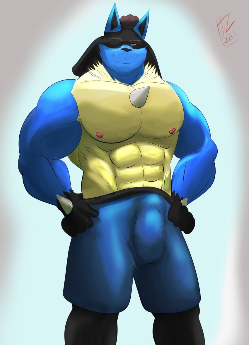 abs anthro athletic athletic_wear balls_outline barazoku belt biceps black_arms black_belt black_body black_fur black_legs blue_arms blue_body blue_bottomwear blue_clothing blue_fur blue_head blue_pants bottomwear brown_hair bulge clothing detailed_bulge erection erection_under_bottomwear erection_under_clothing fur genital_outline gym_bottomwear gym_shorts hair looking_at_viewer male male/male muscular muscular_biceps muscular_legs muscular_male nipples pants pecs penis_outline red_eyes shorts solo tight_clothing yellow_body yellow_fur neotorakuma nintendo pokemon generation_4_pokemon lucario pokemon_(species) 2021 hi_res