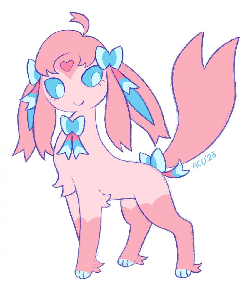 ambiguous_gender blue_eyes feral fur pink_body pink_fur smile solo bloowolfy gashamon_(artist) nintendo pokemon eeveelution espeon generation_2_pokemon generation_6_pokemon hybrid pokemon_(species) sylveon 2023 full-length_portrait hi_res portrait