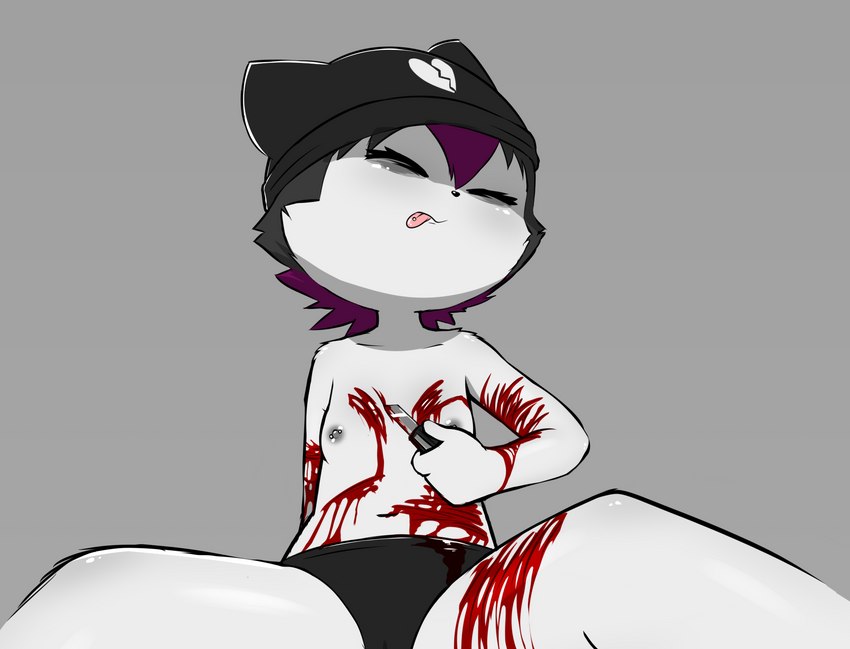 4_fingers adolescent anthro bangs black_hair blood blood_on_arm blood_on_belly blood_on_chest blood_on_thigh bodily_fluids boxcutter broken_heart camel_toe clothed clothing cutting cutting_self dark eye_bags eyes_closed facial_tuft feet female fingers flat_chested fur gore grey_body grey_fur hair knife leaning leaning_backward markings morbid navel nipple_piercing nipples pain panties piercing purple_hair self-harm self-hatred sitting skullcap solo spread_legs spreading tongue tongue_out tongue_piercing topless topless_female tuft underwear wince wounded young e254e veronica_(e254e) domestic_cat felid feline felis mammal hi_res