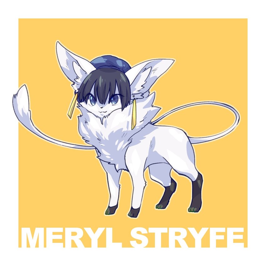 alternate_species black_hair blue_eyes clothing ear_piercing female fur hair hat headgear headwear inner_ear_fluff piercing simple_background solo tuft white_body white_fur trash_boxxxxx trigun trigun_stampede meryl_stryfe canid canine canis mammal 1:1 hi_res