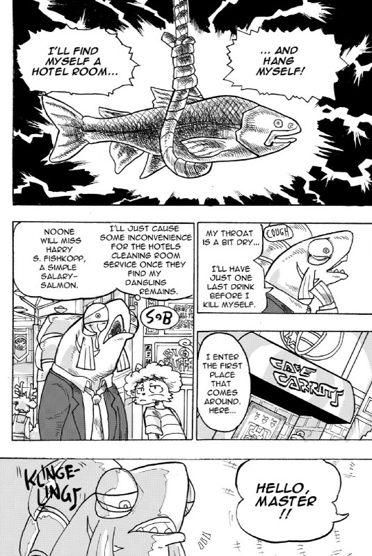 anthro bodily_fluids clothed clothing dialogue greeting necktie noose tears text daigaijin furryfight_chronicles harry_fishkopp fish marine salmon salmonid_(fish) 2017 black_and_white comic english_text hi_res monochrome