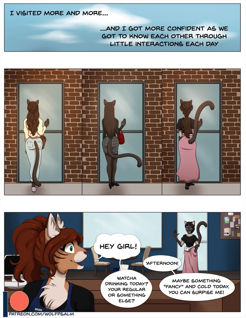 anthro blue_eyes bottomwear brown_hair clothing coffee_shop duo female green_eyes hair long_hair red_hair skirt text wolfpsalm amra shena domestic_cat felid feline felis mammal siamese tabby_cat comic english_text hi_res url