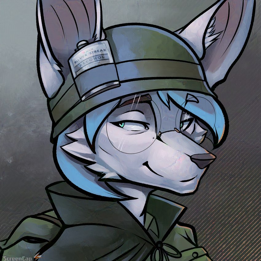 alcohol anthro armor backpack beverage black_nose clothed clothing eyewear female flask fur glasses green_eyes hair headgear helmet simple_background smile solo text uniform white_body white_fur screencap_(artist) foxhole:_persistant_online_warfare canid canine fennec_fox fox mammal true_fox 1:1 2023 adversarial_noise bust_portrait digital_media_(artwork) english_text hi_res portrait