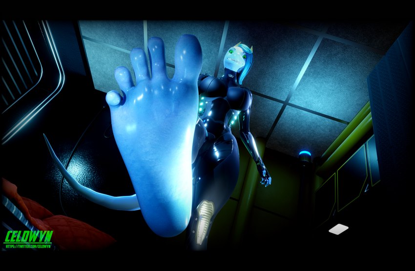 2_horns 5_toes anthro barefoot black_border black_clothing black_eyes black_gloves black_handwear blue_body blue_hair blue_skin blue_tail border breasts ceiling clothing curling_toes feet female fingerless_gloves fingers foot_focus glistening glistening_body gloves green_sclera hair handwear horn humanoid_feet humanoid_hands inside latex latex_clothing lights logo long_hair looking_at_viewer low-angle_view pipe plantigrade pupils raised_leg slit_pupils snout soles solo standing tail toes white_horn worm's-eye_view celdwyn_(artist) mythology celdwyn dragon mythological_creature mythological_scalie scalie 2023 3d_(artwork) artist_logo artist_name digital_media_(artwork) hi_res