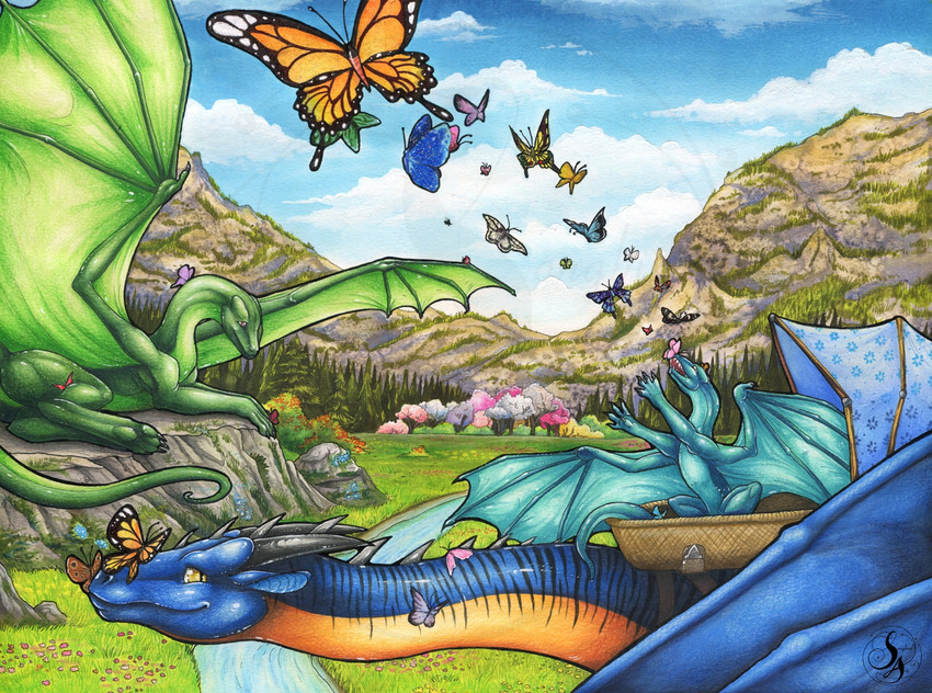 ambiguous_gender day detailed_background feral group outside sky tail natoli mythology arthropod butterfly dragon insect lepidopteran mythological_creature mythological_scalie scalie 2020 hi_res traditional_media_(artwork)