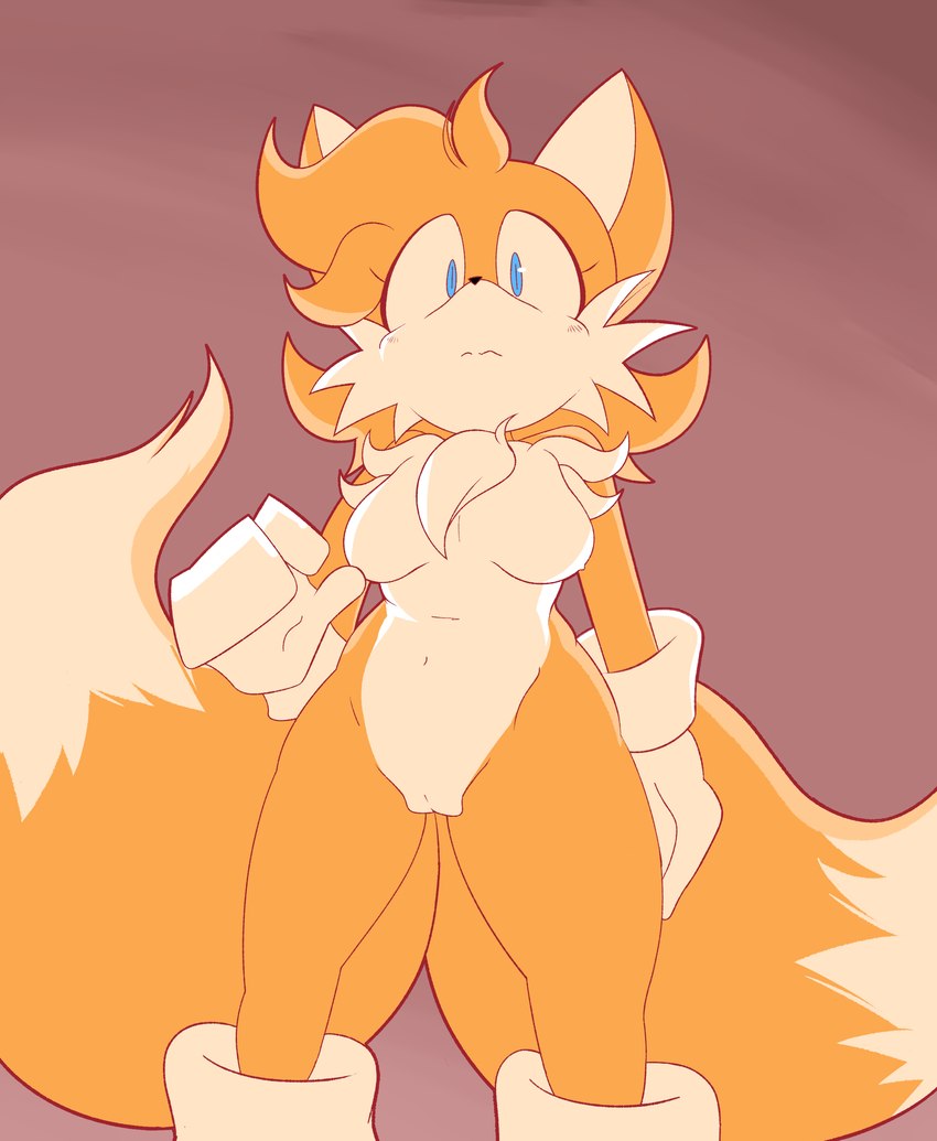 anthro blue_eyes breasts clothing crossgender female footwear fur genitals gloves handwear looking_at_viewer looking_down low-angle_view navel pussy shoes simple_background solo tail mrbreadmcman sega sonic_the_hedgehog_(series) miles_prower canid canine fox mammal 2024 absurd_res hi_res