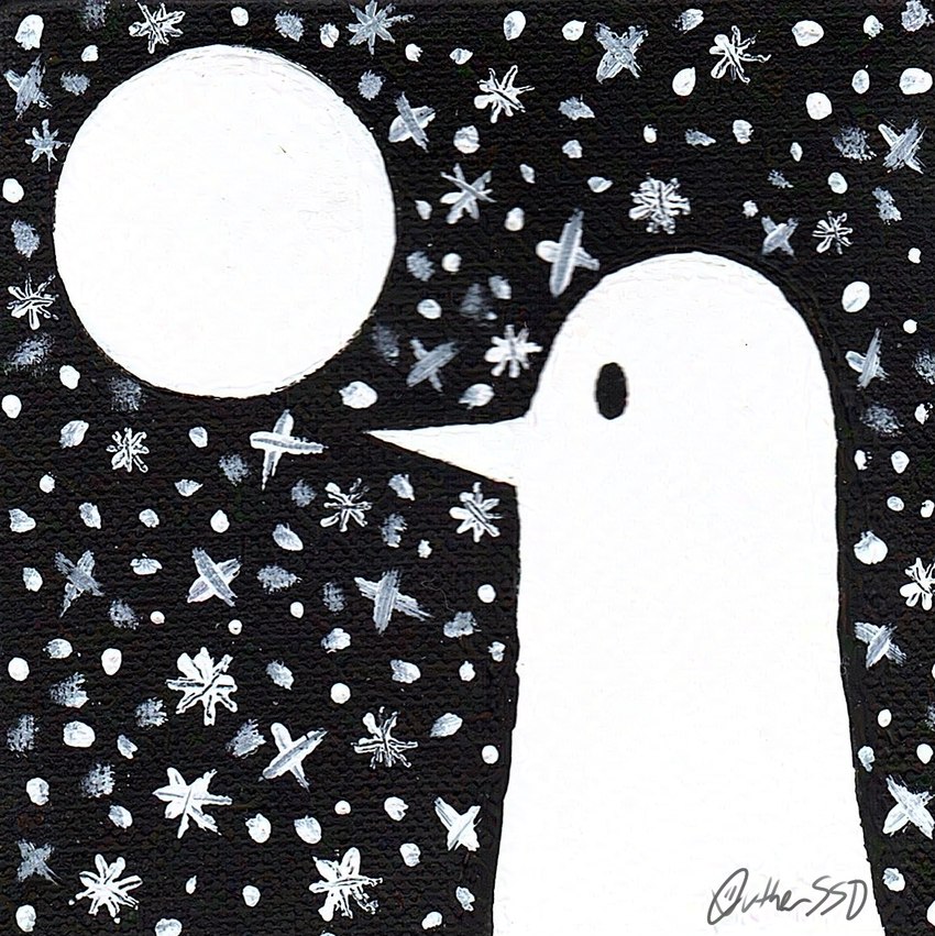 abstract_background anthro looking_at_moon male moon night solo star white_body authorssd_(artist) punpun_onodera avian bird painting_(artwork) traditional_media_(artwork)