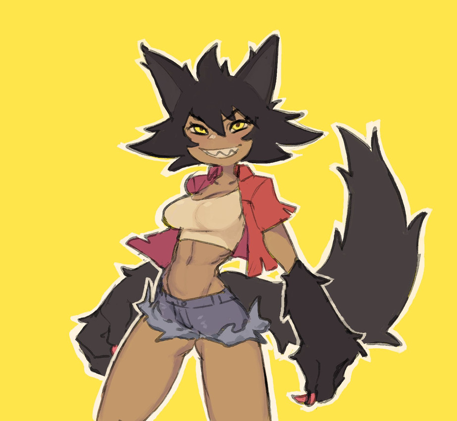 animal_ears black_ears black_hair black_tail blue_bottomwear blue_clothing blue_shorts bottomwear breasts claws clothed clothed_female clothed_humanoid clothing crop_top crotch_lines denim denim_bottomwear denim_clothing denim_shorts eyebrows eyelashes female female_humanoid finger_claws hair midriff navel red_clothing red_shirt red_topwear sharp_teeth shirt shorts simple_background small_waist smile solo tail tan_body tan_skin teeth topwear white_clothing white_crop_top white_topwear yellow_background yellow_eyes karu184 mythology rudy_(rariatoo) animal_humanoid canid canid_humanoid canine canine_humanoid humanoid mammal mammal_humanoid mythological_canine mythological_creature werecanid werecanine werecreature werewolf wolf_humanoid 2023 digital_drawing_(artwork) digital_media_(artwork) hi_res portrait three-quarter_portrait