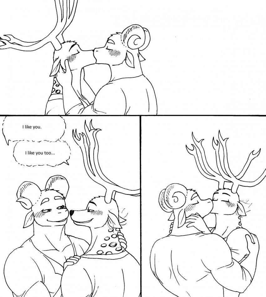 5_fingers anthro anthro_on_anthro antlers blush clothed clothing dialogue duo eyes_closed fingers fur hand_on_neck hand_on_shoulder horn humanoid_hands kiss_on_lips kissing male male/male markings muscular muscular_anthro muscular_male shirt smile speech_bubble spots spotted_body spotted_fur text topwear bernielover bernielover's_college_au devon_(bernielover) whitney_(bernielover) bovid caprine deer mammal 2023 comic english_text hi_res monochrome