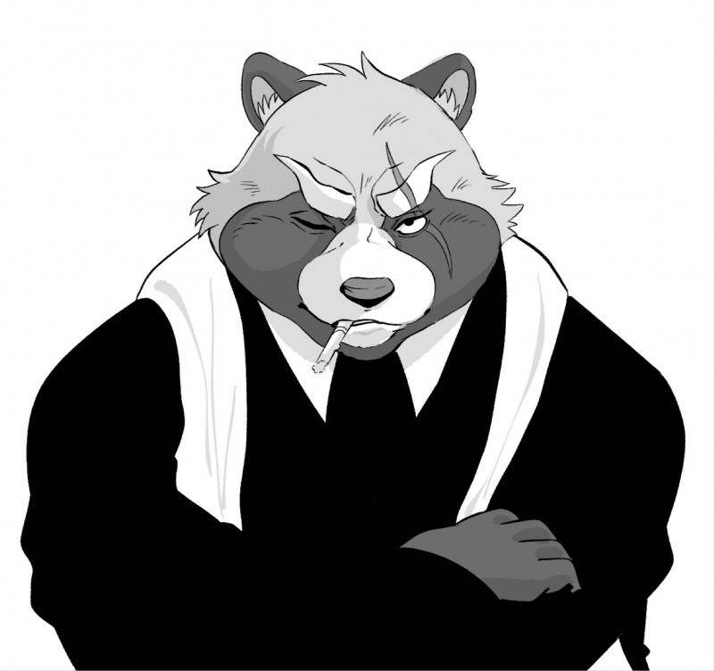 anthro clothing humanoid_hands male one_eye_closed scar shirt simple_background smoking solo topwear white_background wink hysk lifewonders tokyo_afterschool_summoners gyobu_(tas) canid canine mammal raccoon_dog tanuki 2019 hi_res