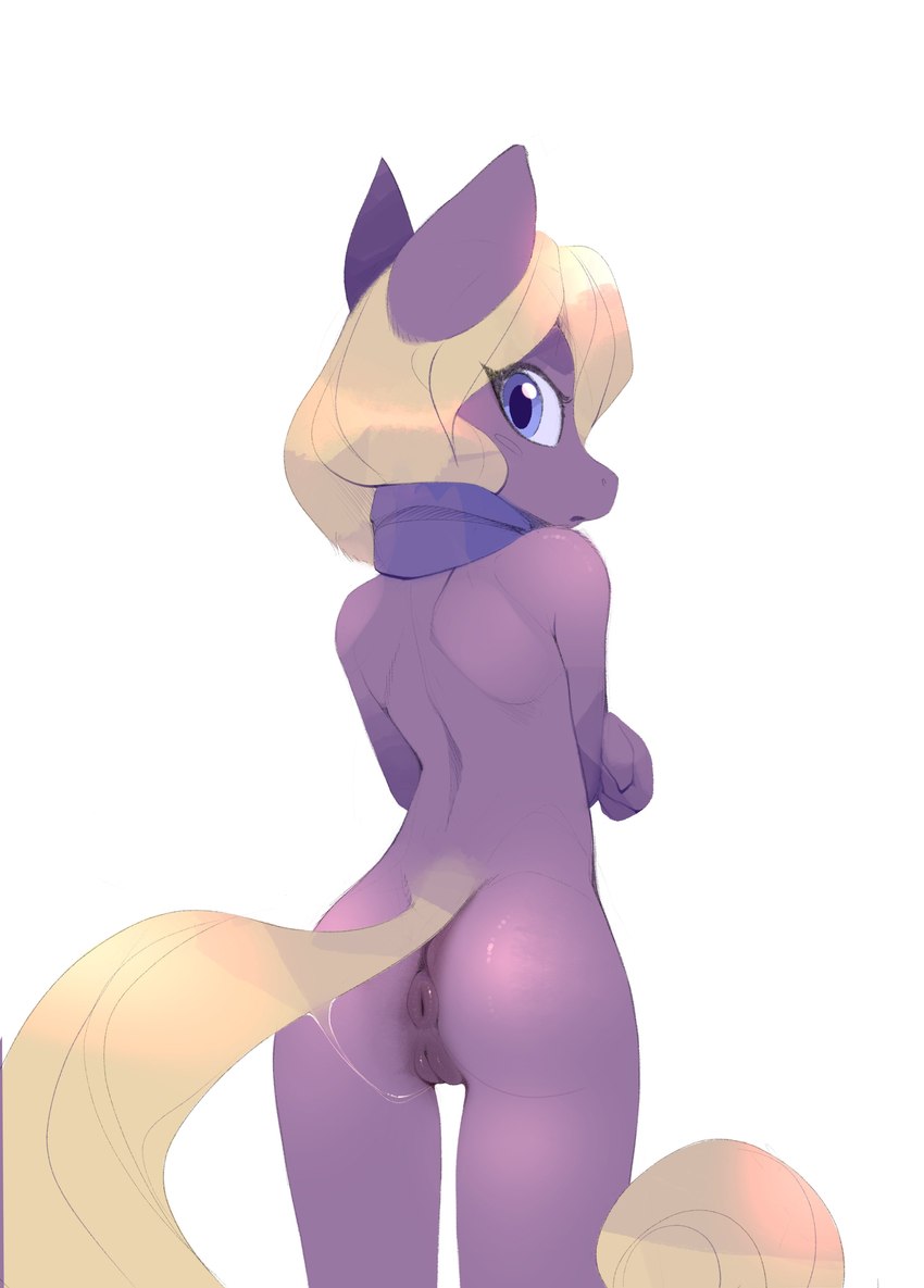 anthro anus blonde_hair bodily_fluids butt female genital_fluids genitals hair looking_at_viewer looking_back looking_back_at_viewer nude puffy_anus purple_body pussy pussy_juice_on_own_tail pussy_juice_on_tail pussy_juice_string simple_background solo standing tail vaginal_fluids white_background b-epon equid equine horse mammal absurd_res digital_media_(artwork) hi_res shaded