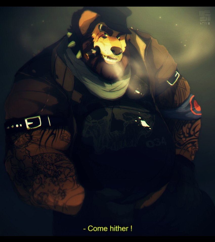 anthro arm_tattoo armband beard beckoning black_bars black_clothing brown_body brown_fur cigar clothed clothing collar dialogue eye_scar eyebrow_piercing eyebrows facial_hair facial_piercing facial_scar fur gesture gloves green_eyes hair handwear hat headgear headwear jacket leather leather_clothing leather_gloves leather_handwear leather_jacket leather_topwear looking_at_viewer male musclegut muscular muscular_anthro muscular_male open_mouth overweight overweight_anthro overweight_male piercing scar simple_background smile smirk smoke smoke_from_mouth smoke_from_nose smoking solo spiked_collar spikes tattoo teeth text thick_eyebrows topwear vetrowolf canid canine canis domestic_dog mammal 2015 digital_drawing_(artwork) digital_media_(artwork) english_text hi_res letterbox shaded signature