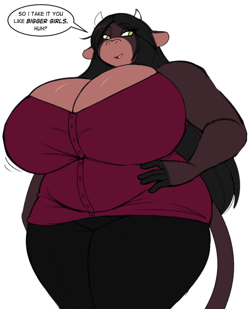 anthro big_breasts breasts cleavage clothed clothing curvy_figure dialogue female hair huge_breasts solo text thick_thighs voluptuous wide_hips jwinkz summer_(jwinkz) bovid bovine cattle mammal english_text