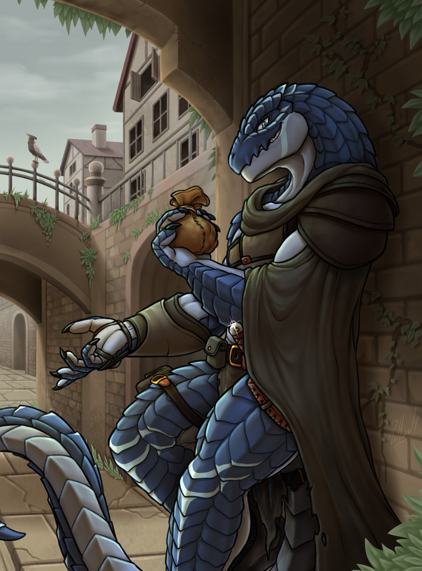 anthro armor belt bottomwear claws cloak clothing leaning_on_wall loincloth long_tail looking_at_viewer male smile solo tail urban rollwulf crius_(offline_user) lizardman scalie hi_res