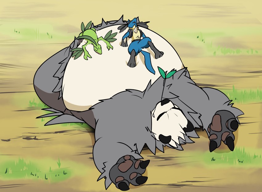 anthro belly belly_up big_belly claws exhausted leaf lying male on_back on_front overweight overweight_anthro overweight_male pawpads paws resting resting_on_belly size_difference smaller_male 96_gatefield nintendo pokemon generation_3_pokemon generation_4_pokemon generation_6_pokemon grovyle lucario pangoro pokemon_(species) hi_res