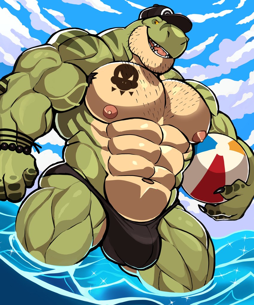 abs anthro areola biceps big_muscles biped body_hair bulge chest_hair claws clothing cloud countershade_face countershade_torso countershading facial_hair fingers green_body hat headgear headwear male muscular muscular_anthro muscular_male muscular_thighs nipples open_mouth open_smile outside partially_submerged pecs quads sky smile solo speedo swimwear vein veiny_muscles water darknaigart jace_(darknaig) dinosaur prehistoric_species reptile scalie theropod tyrannosaurid tyrannosauroid tyrannosaurus tyrannosaurus_rex absurd_res hi_res